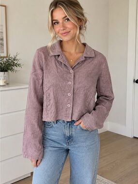 FLAX Linen Mauve Cropped Jacket Button Front Size Small